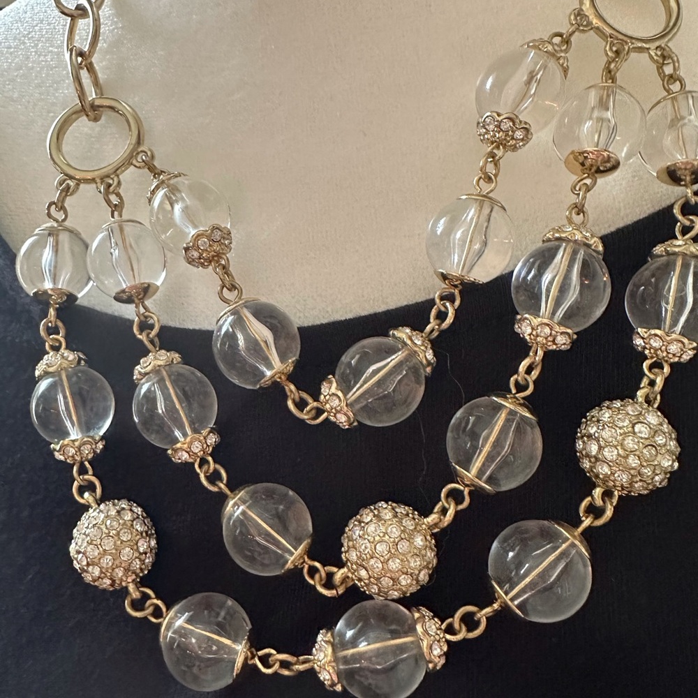 Necklace, 3 strands clear and gold balls, adjustable links.